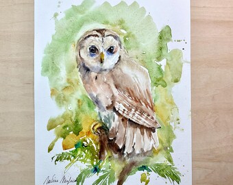 水彩フクロウ、オリジナルのフクロウの絵画、フクロウの装飾、フクロウ