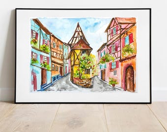 アルザスの水彩画、エギスハイム村の絵画、アルザスワイン街道