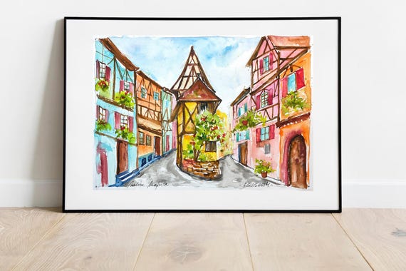 アルザスの水彩画、エギスハイム村の絵画、アルザスワイン街道