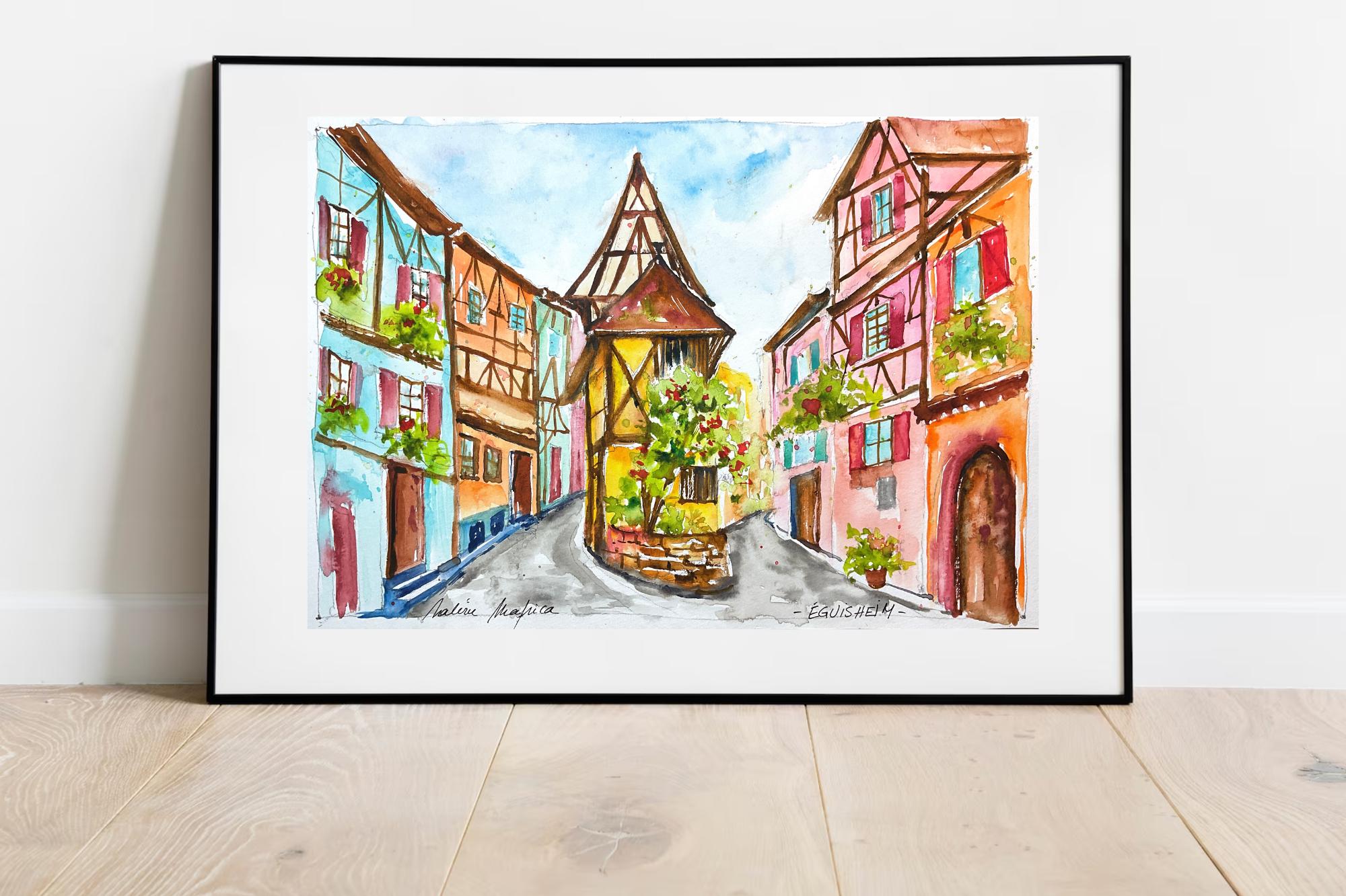 アルザスの水彩画、エギスハイム村の絵画、アルザスワイン街道