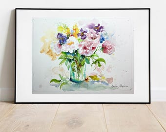 花束の中のアイリスとシャクヤクの水彩画、花瓶の中の庭の花の絵、装飾