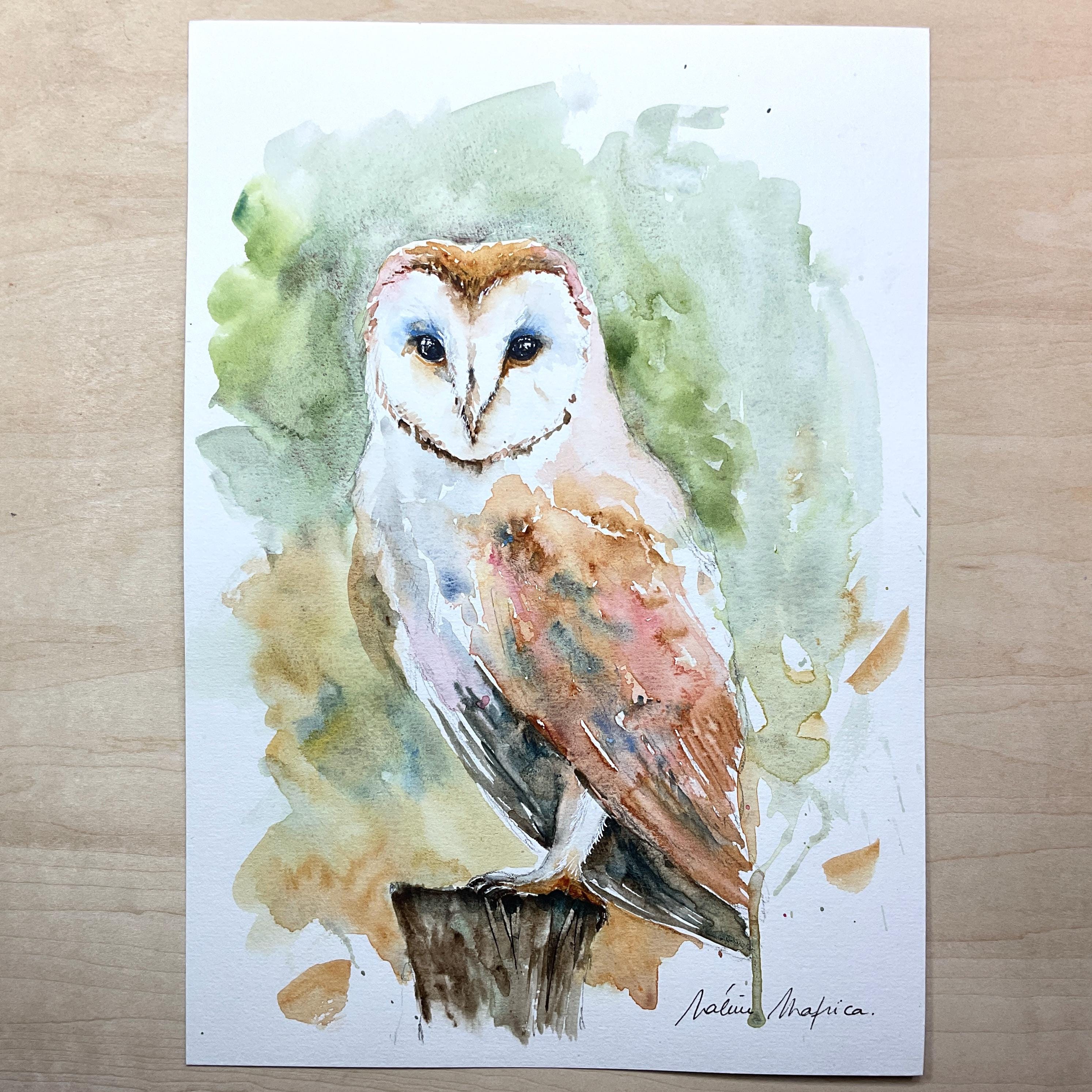 フクロウの絵 水彩フクロウ、オリジナルのフクロウの絵画、フクロウの装飾、フクロウ