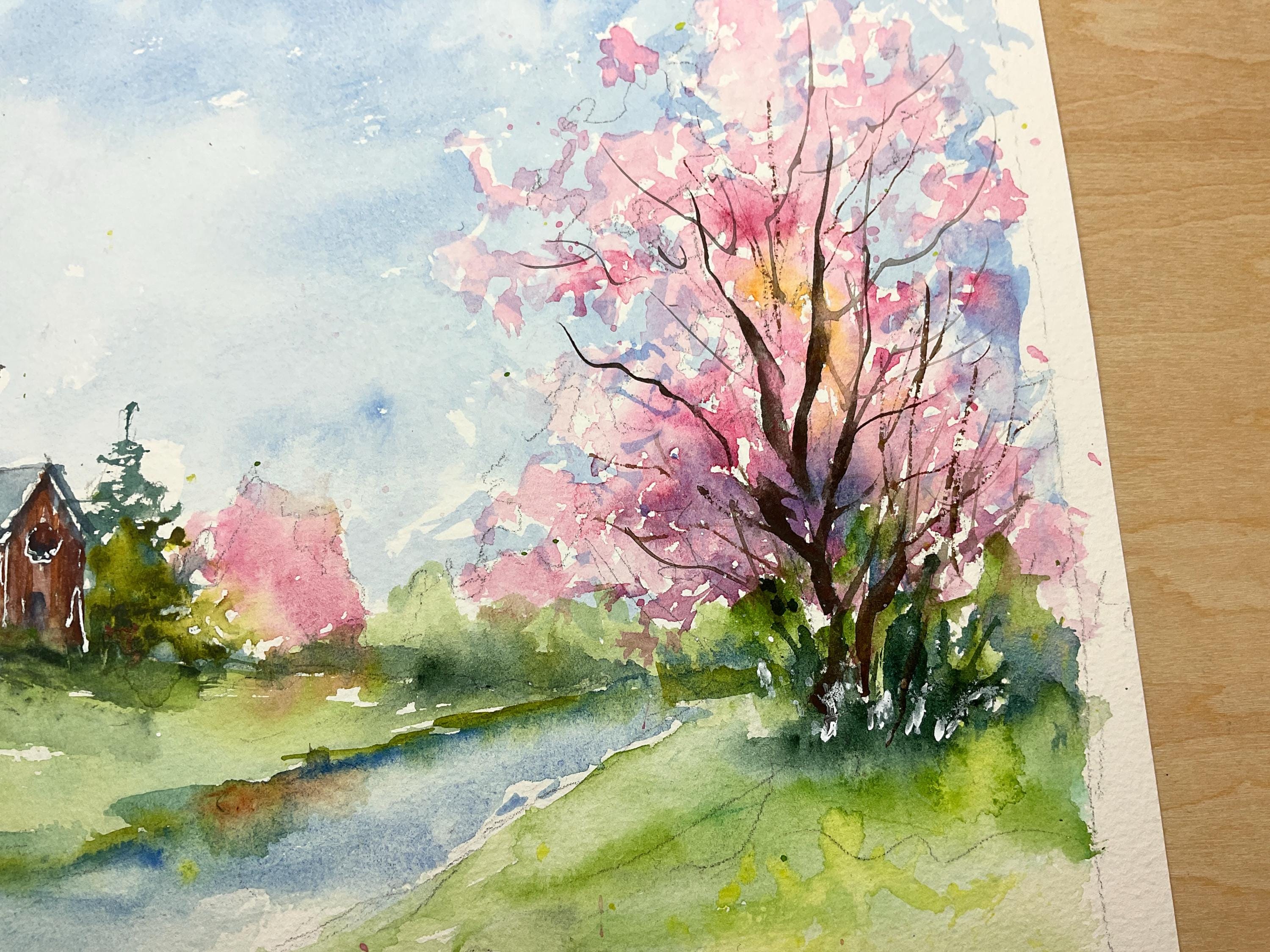 春の雰囲気、春の田舎の風景、ピンクの木、静かな水辺の小さな村を描い
