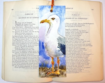 Seagull painting in original watercolor on bookmark, gull decor bookmark, seabird in watercolor, end of school teacher gift, ornithology art