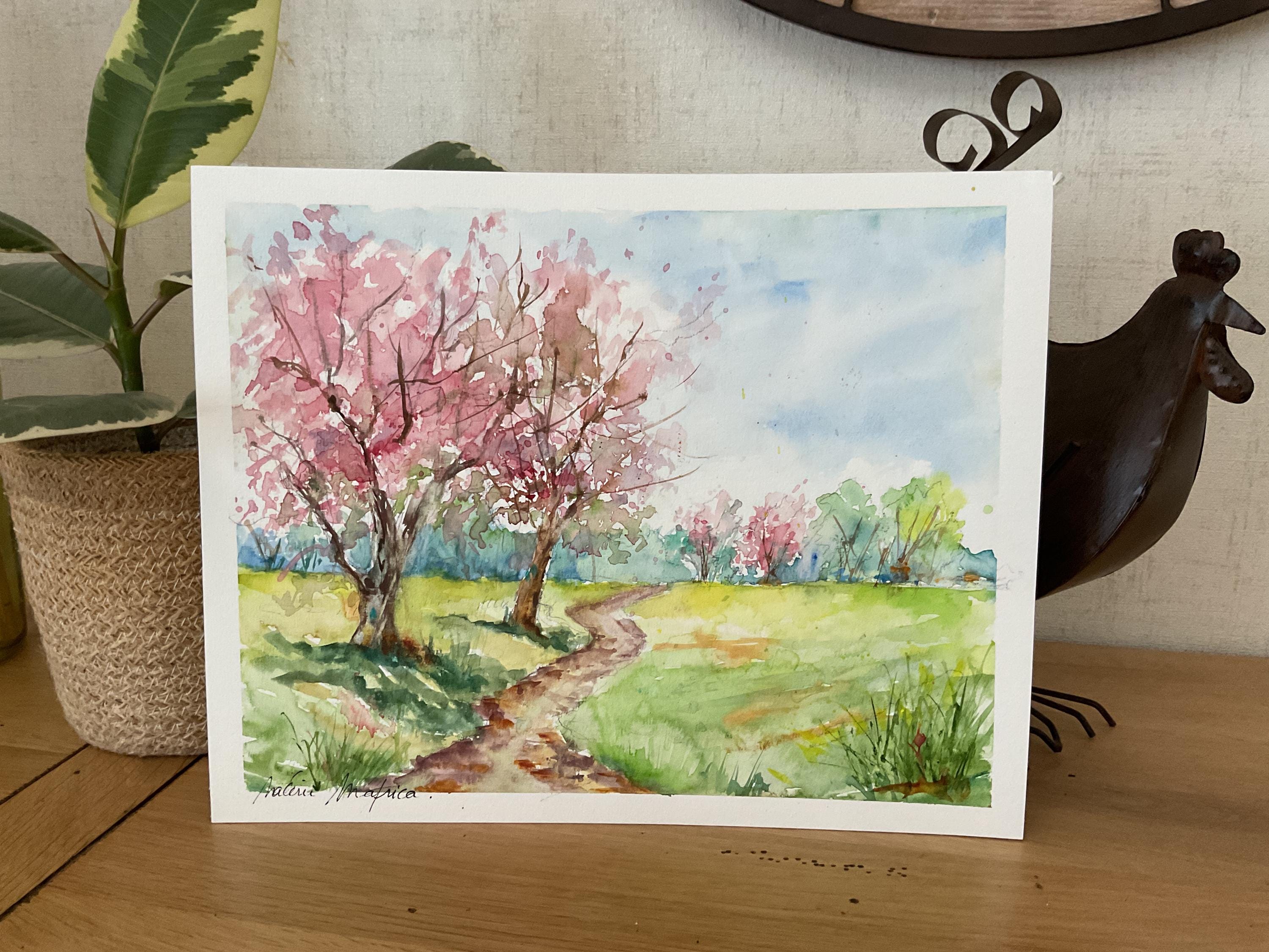 ピンクのリンゴの花の水彩画、春の自然の風景、春に花が咲く果樹園の