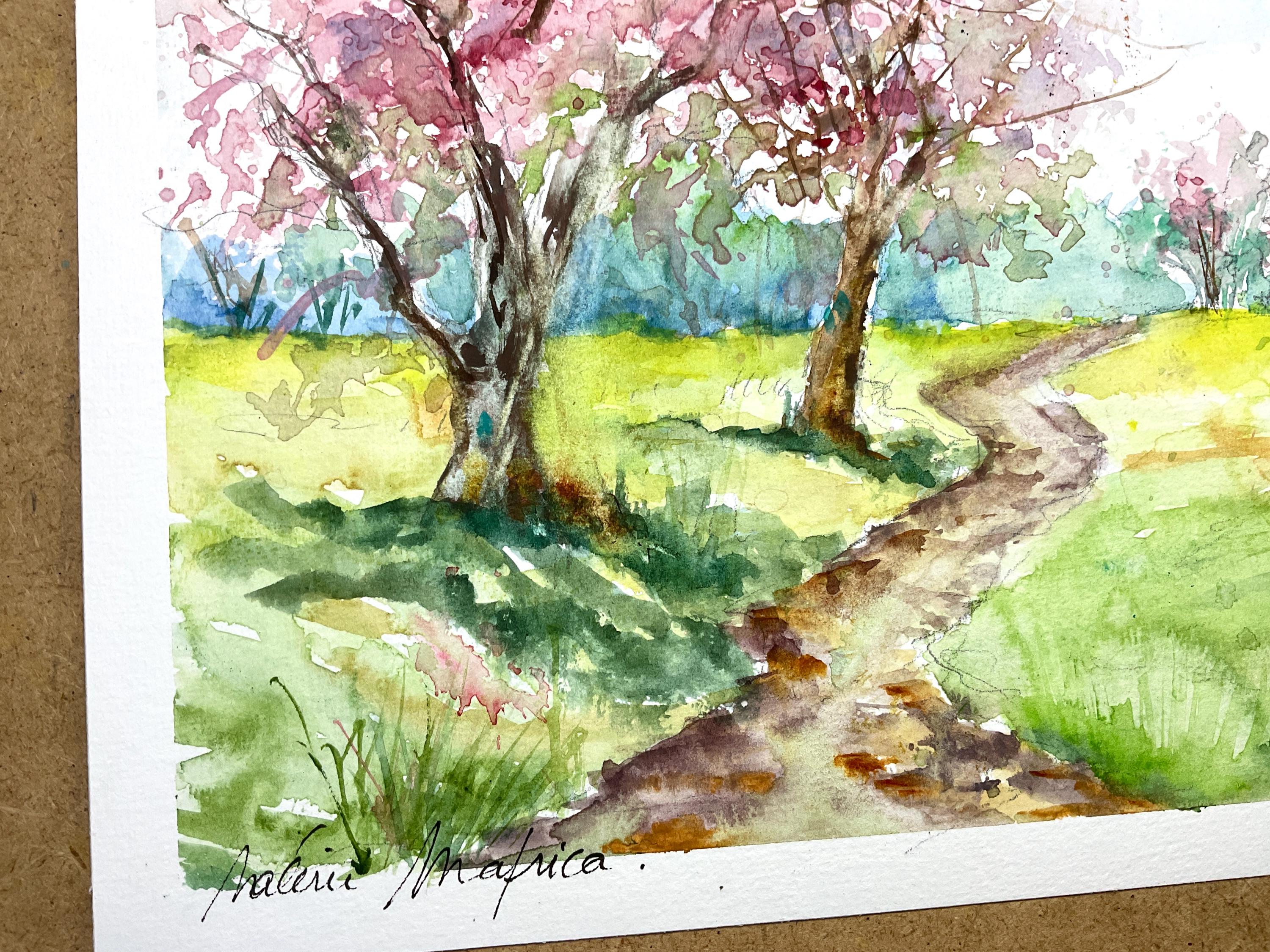 抽象的な水彩画 人物と自然 ピンクのリンゴの花の水彩画、春の自然の風景、春に花が咲く果樹園の