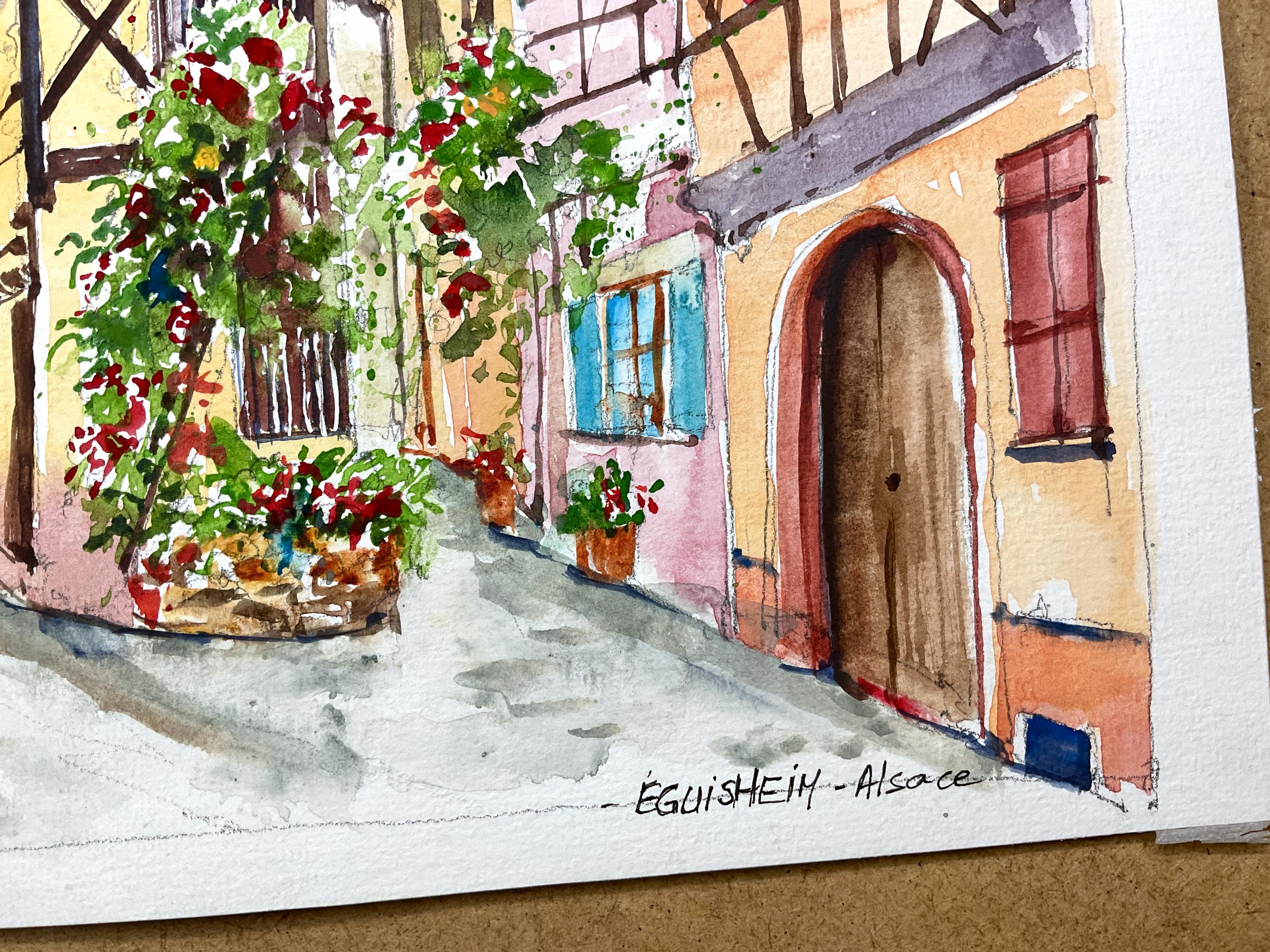 アルザスの水彩画、エギスハイム村の絵画、アルザスワイン街道