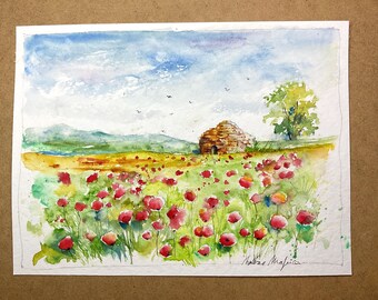 ご依頼品　風景画　花の絵　アクリル画　原画 「れんげ畑2」F8 花の絵 風景画 アクリル画 原画「れんげ草」小さめキャンバス - メルカリ