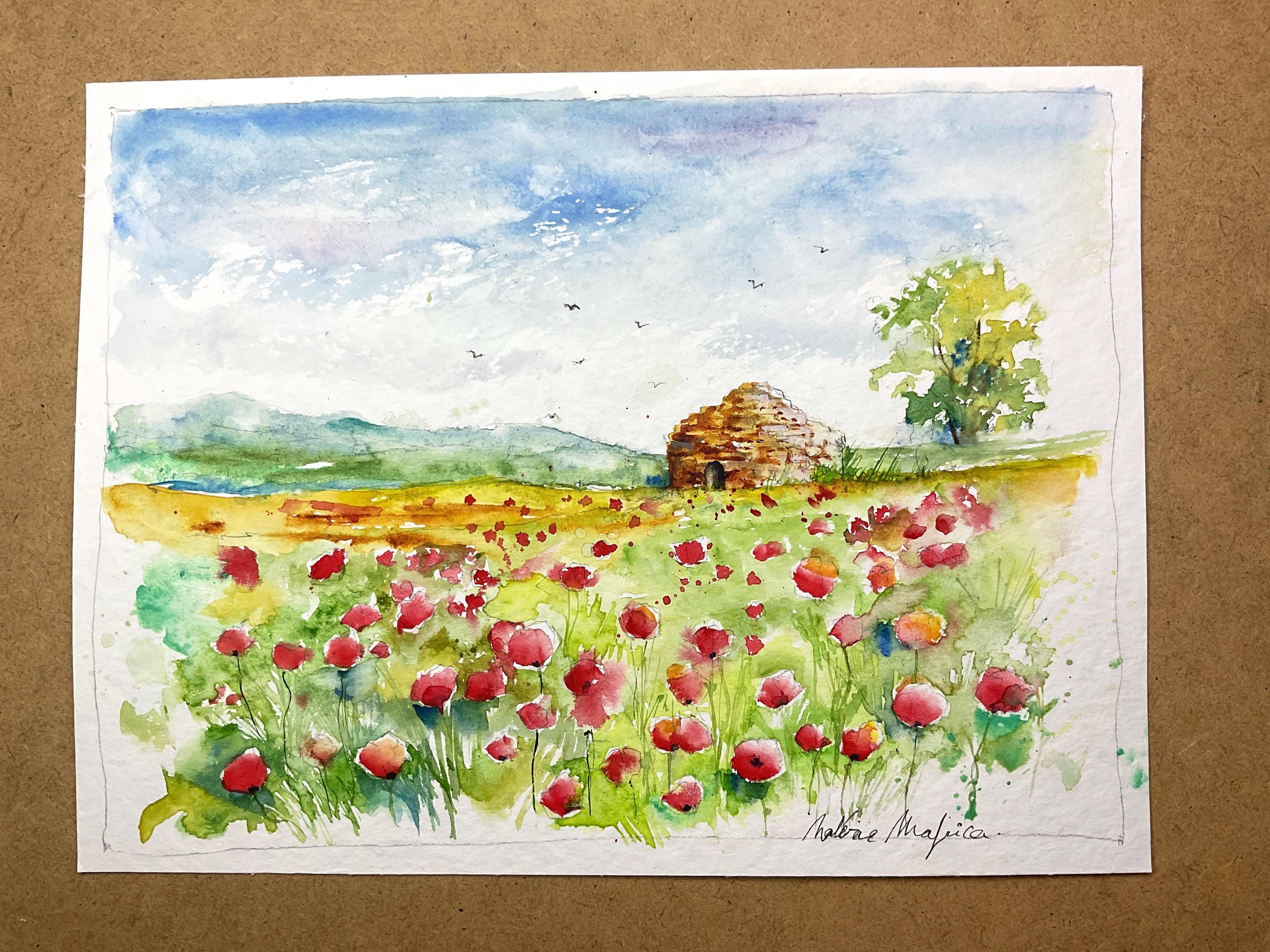ケシ畑、花畑の風景、野生の花が咲く草原、夏の田園風景、小麦畑を描い