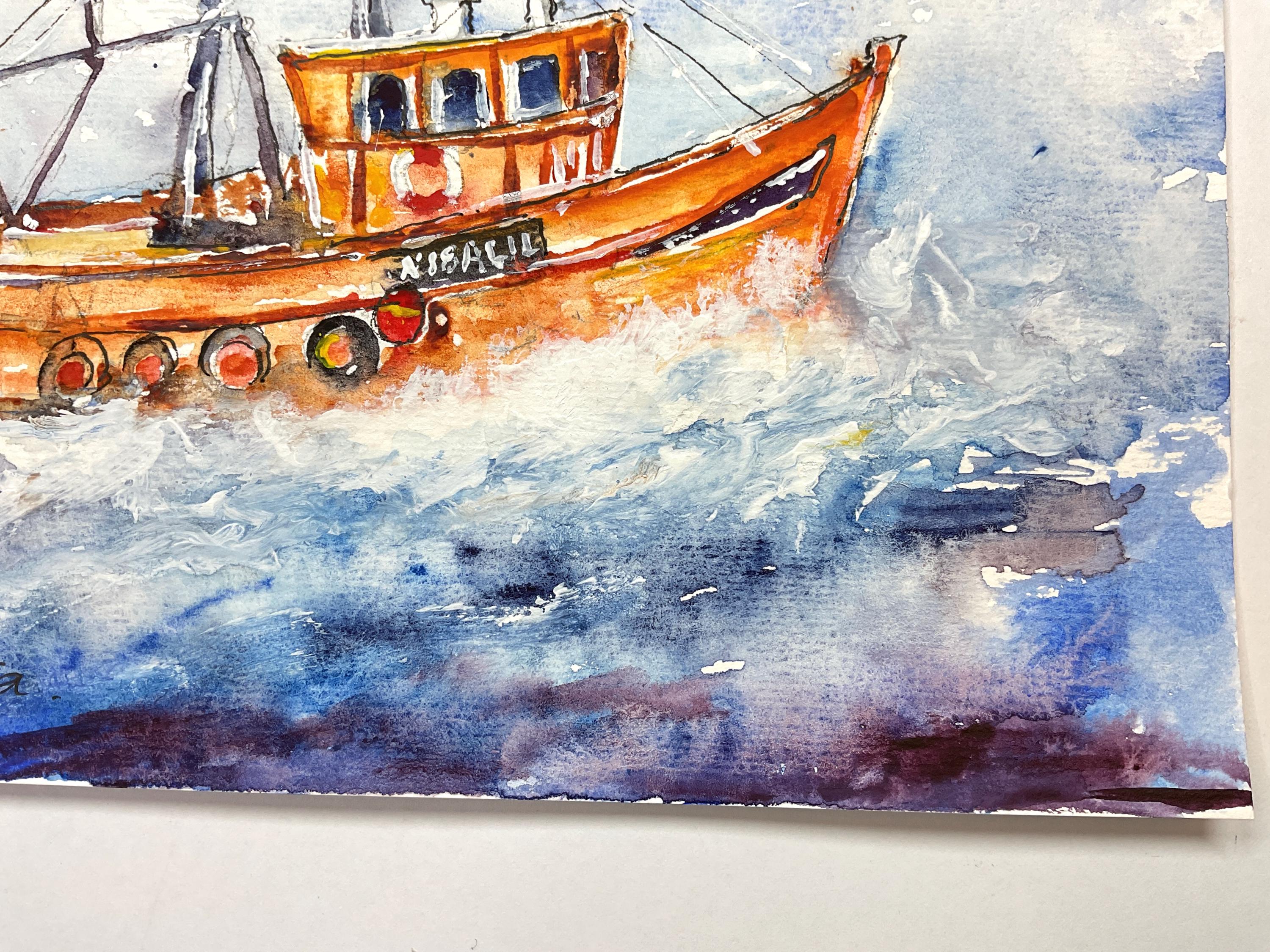 外洋に浮かぶカラフルな漁船の絵画、漁船の水彩画、海の風景、海