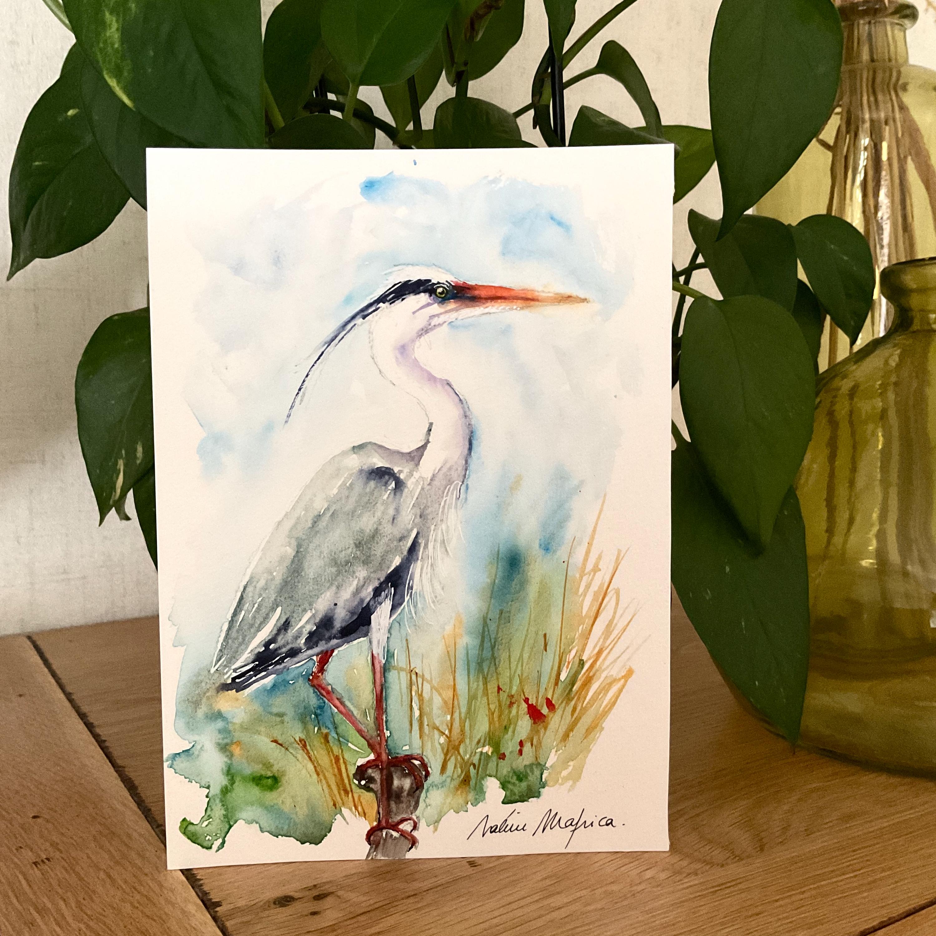 アオサギの絵画、アオサギのオリジナル水彩画、沼地や池の水鳥の絵画