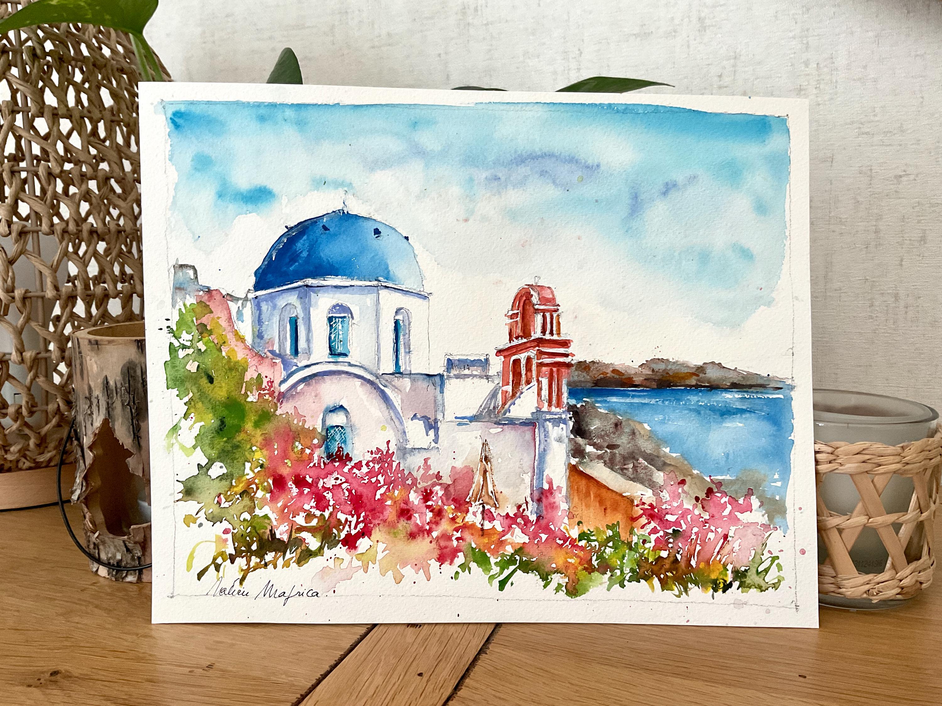 ギリシャのサントリーニ島の典型的な風景画。青いドームを描いた