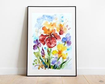 庭に咲く色とりどりのアヤメを描いたオリジナルの水彩画。春には鮮やか