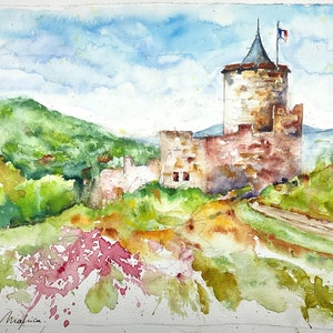 Chateau de Kaysersberg Alsazia Francia, dipinto monumentale, acquerello originale del castello medievale, monumento storico e pietre antiche