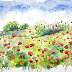 Paisaje de campos de amapolas, acuarela original de amapolas, naturaleza en verano, prados de flores y montones de paja, arte de amapolas imagen 1