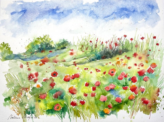 ポピー畑の風景、ポピーのオリジナル水彩画、夏の自然、花の草原とわら