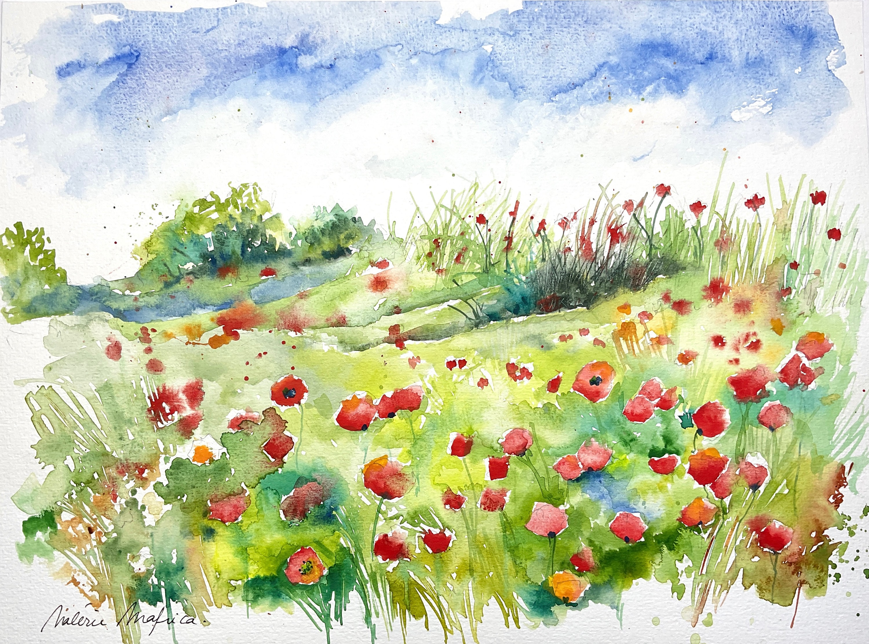 Poppy field landscape, original watercolor of poppies, nature in summer, flower meadows and haystacks, poppy wall art, impressionist art