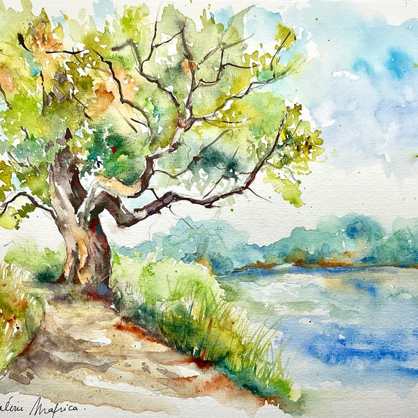 Paysage : le vieux chêne au bord de l’étang en aquarelle originale, peinture nature et campagne d’arbres près d’un lac, lumière sérénité