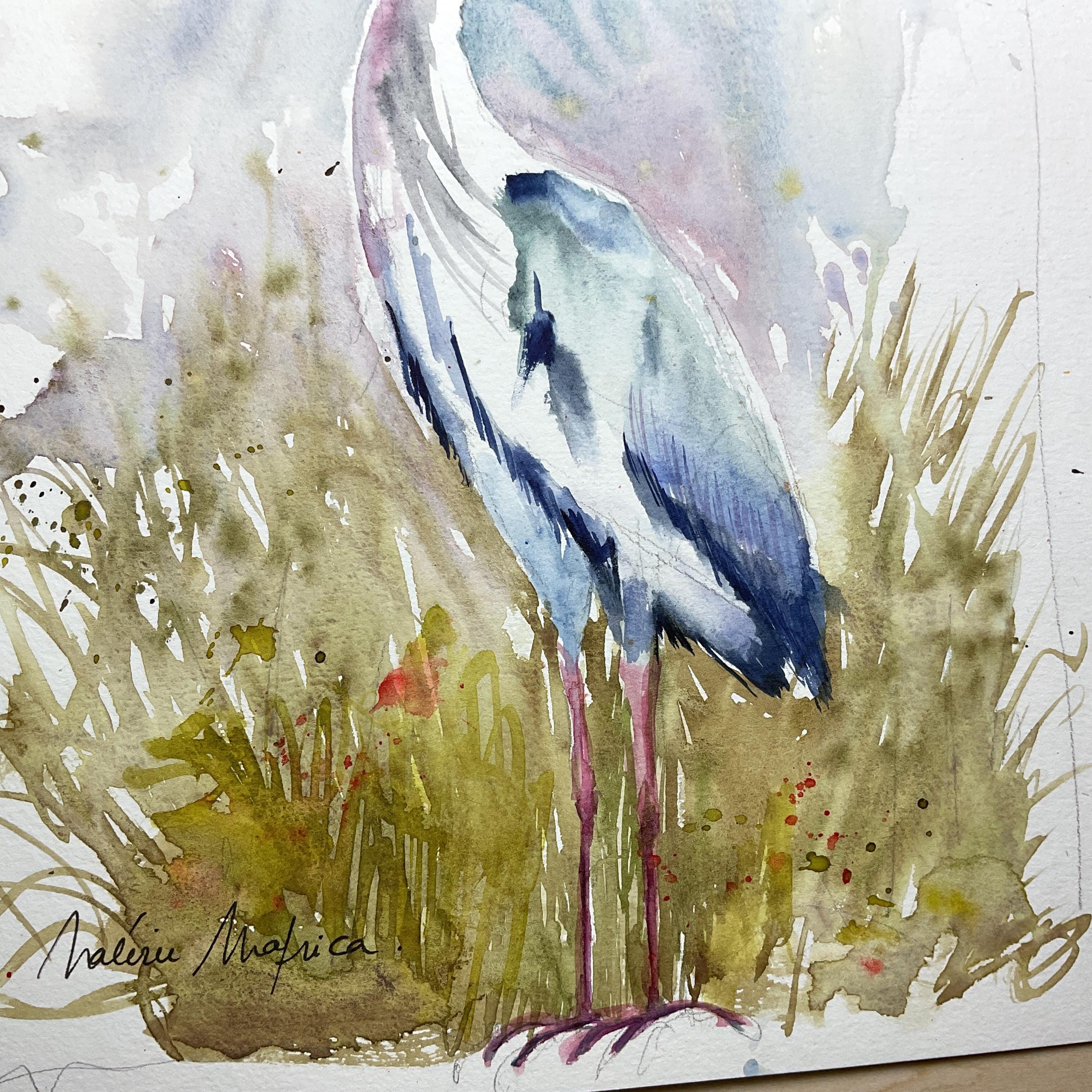 アオサギの絵画、アオサギのオリジナル水彩画、沼地や池の水鳥の絵画