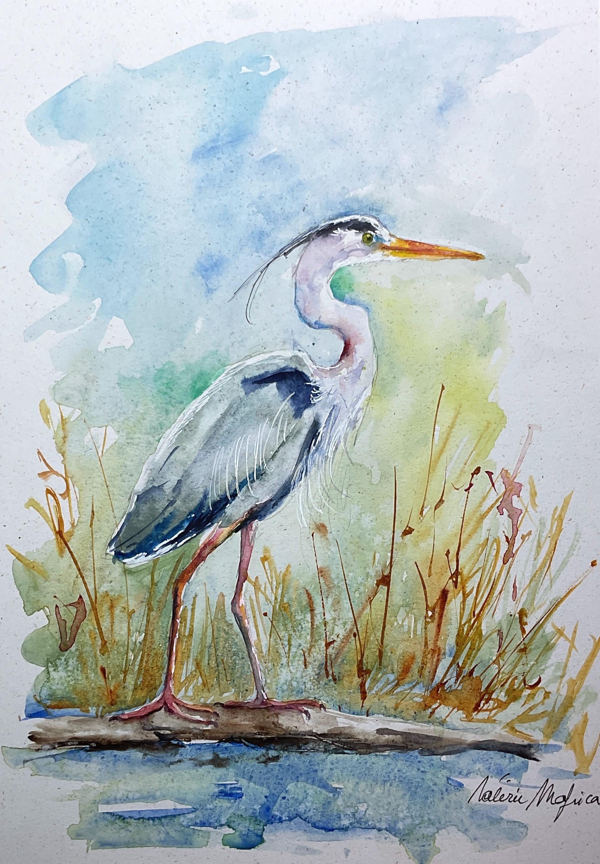 アオサギの絵画、アオサギのオリジナル水彩画、沼地や池の水鳥の絵画