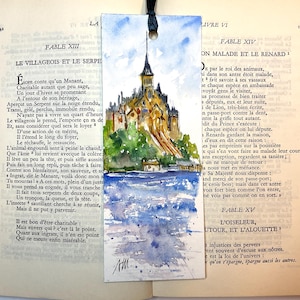 Mont-Saint-Michel-Lesezeichen in Original-Aquarell, Gemälde von Mont-Saint-Michel, Landschaft der Normandie, Abtei, Bucht und Salzwiesen