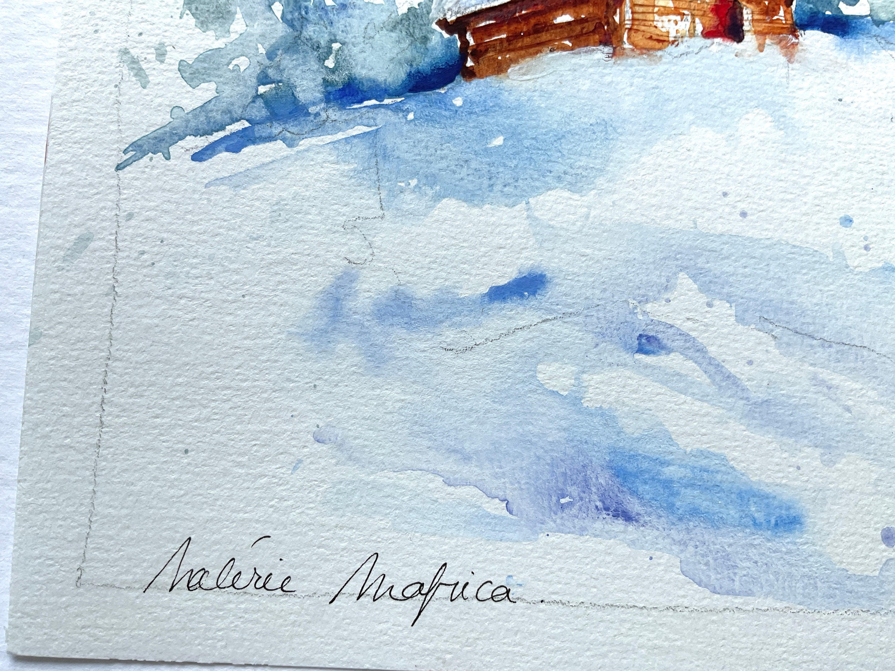 冬の山の風景、雪に覆われた丘のオリジナルの水彩画、雪景色、アルプス