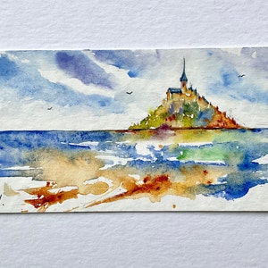 Mont Saint Michel in originele aquarel miniatuurschildering, schilderij van Saint Michel landschap van Normandië, abdijbaai en zoutweiden