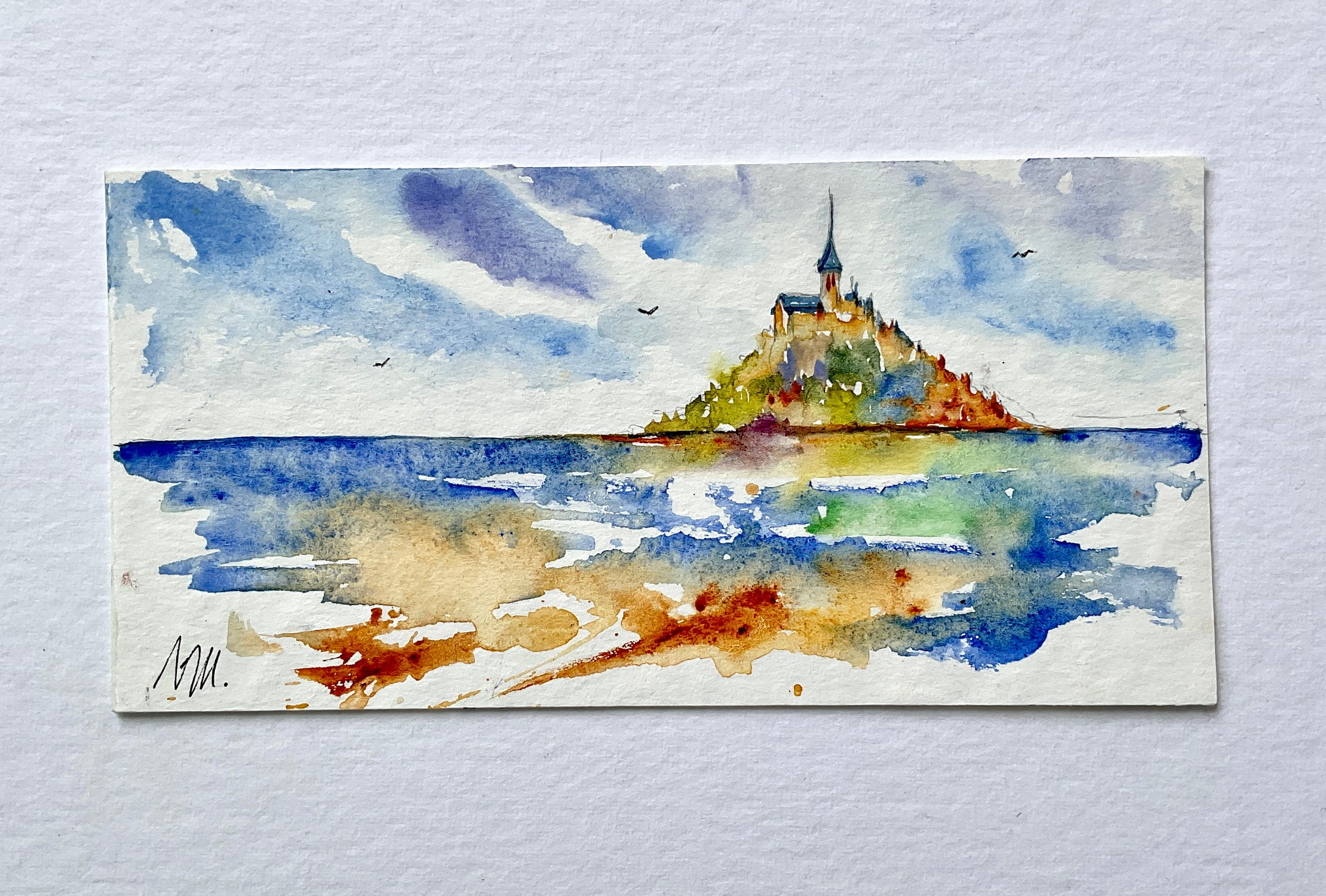 絵画 ミシェル トゥルメル。 モン・サン・ミシェルのオリジナル水彩画ミニチュア、ノルマンディーの
