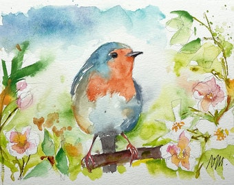 Original robin painting in watercolor, work of art on paper of a small garden bird, baby room or birth gift, robin bird artwork deco