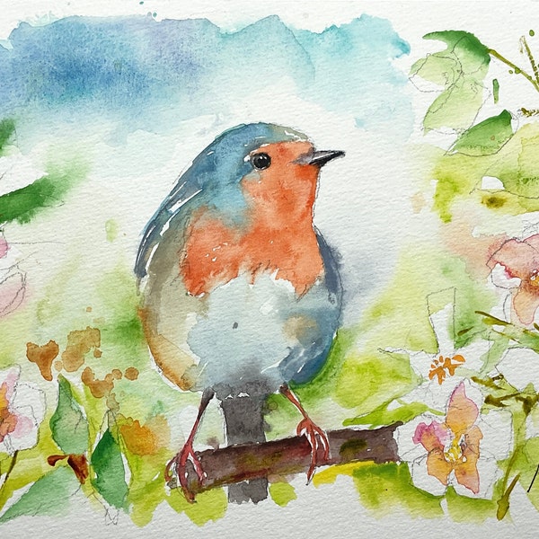 Peinture originale de rouge-gorge en aquarelle, œuvre d’art sur papier d’un petit oiseau des jardins, cadeau chambre de bébé ou naissance