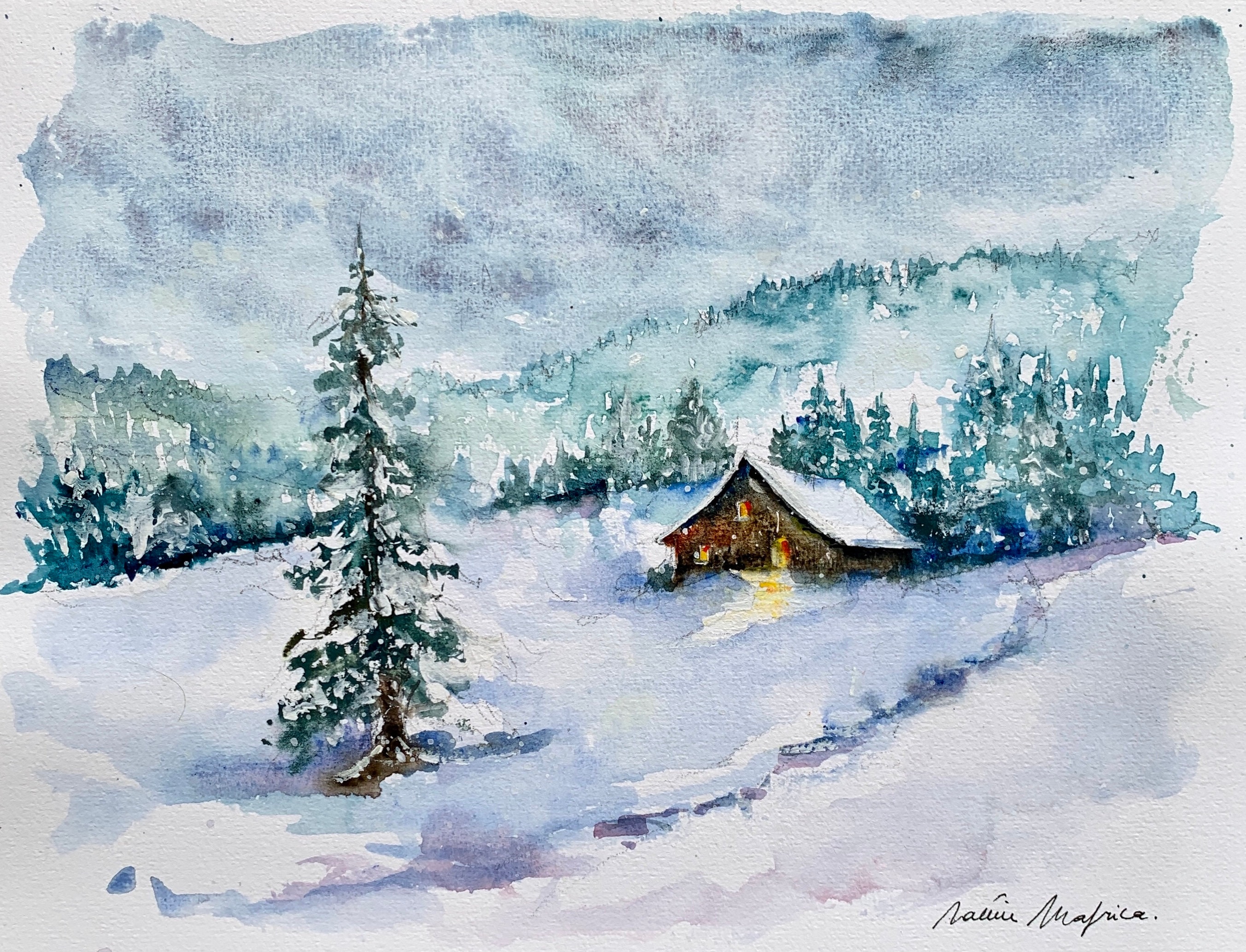 絵画 Winter Mountain ▷ Painting Snowy Mountains by Du Mingxuan | Carré d'artistes