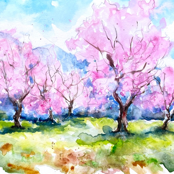 Amandiers en fleurs roses au printemps, Peinture originale en aquarelle d’arbres fleuris dans les vergers de Provence, déco murale rose vert