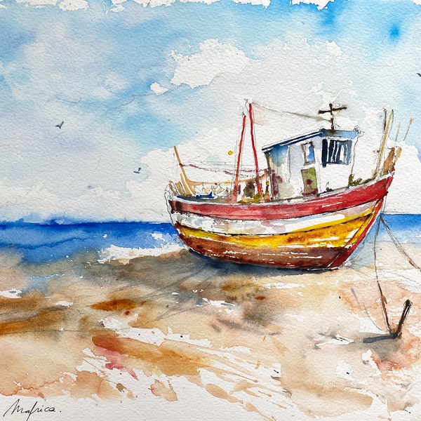 Peinture d’un bateau de pêche Breton, aquarelle originale d'un chalutier de pêcheur sur la plage, paysage marin coloré de chalutier en mer