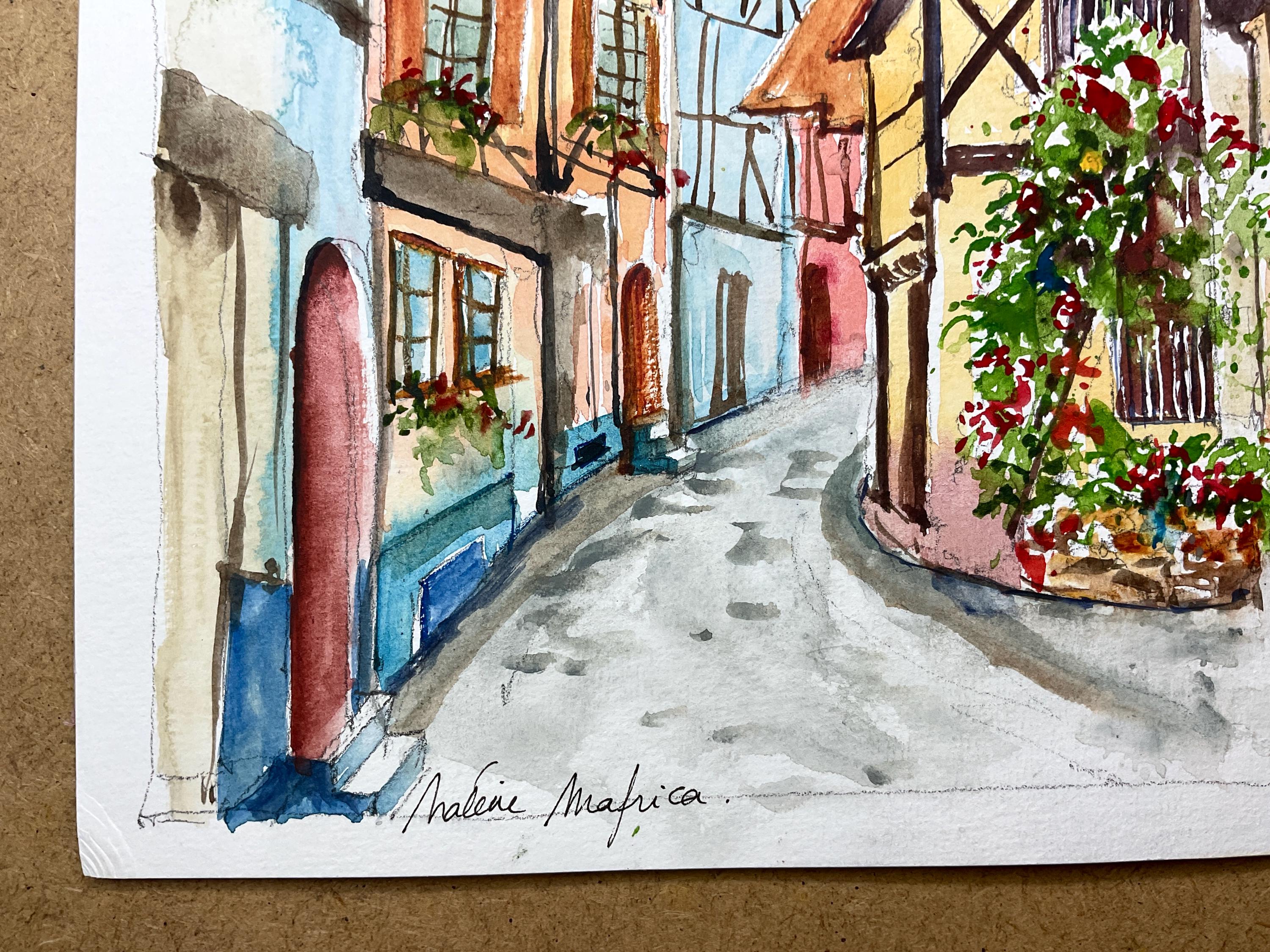 水野一 【アルプスへの道（フランス）】 油彩 8号 アルザスの水彩画、エギスハイム村の絵画、アルザスワイン街道