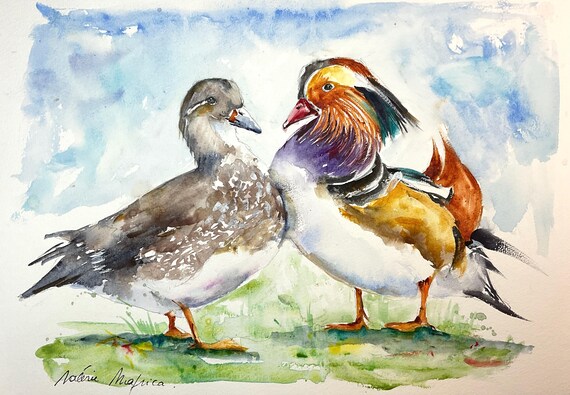 オシドリのつがいのオリジナル絵画、水かきのある鳥のオスとメス