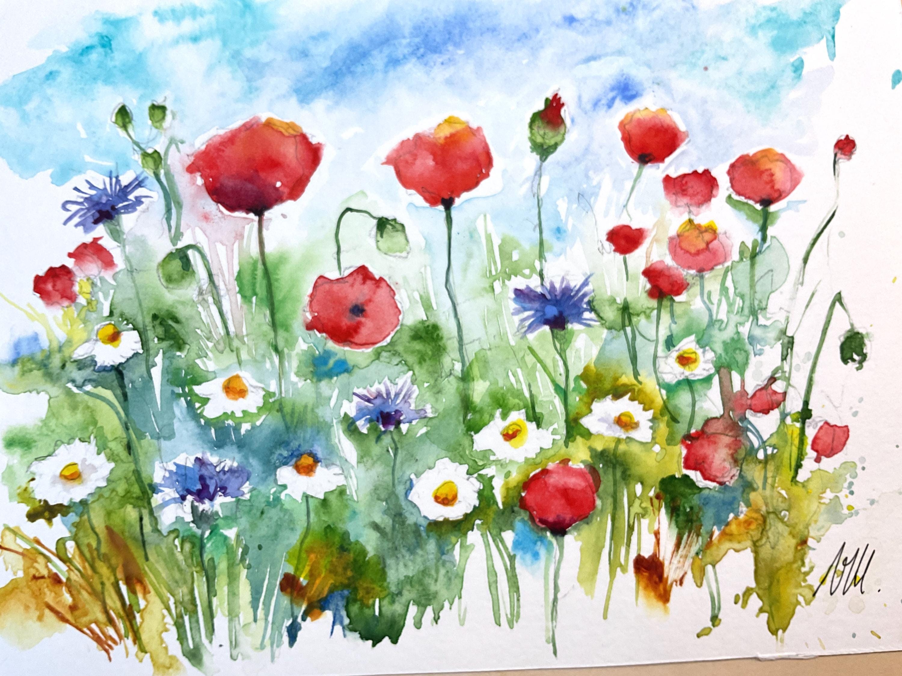 ポピーの水彩画、野原の赤いポピーの花のオリジナルアート、野生の花の