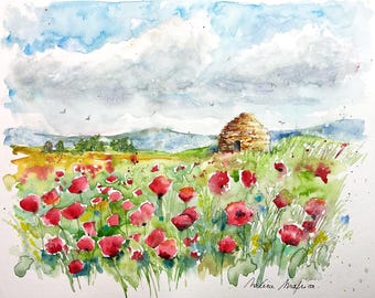Pintura original en acuarela de campos de amapolas, paisaje de campo florido, pradera de flores silvestres, campo de verano y campos de trigo.