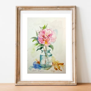 Peinture aquarelle originale d’une rose délicate du jardin, cadeau floral aux couleurs fraiches et tendres pour maman ou amie, art mural
