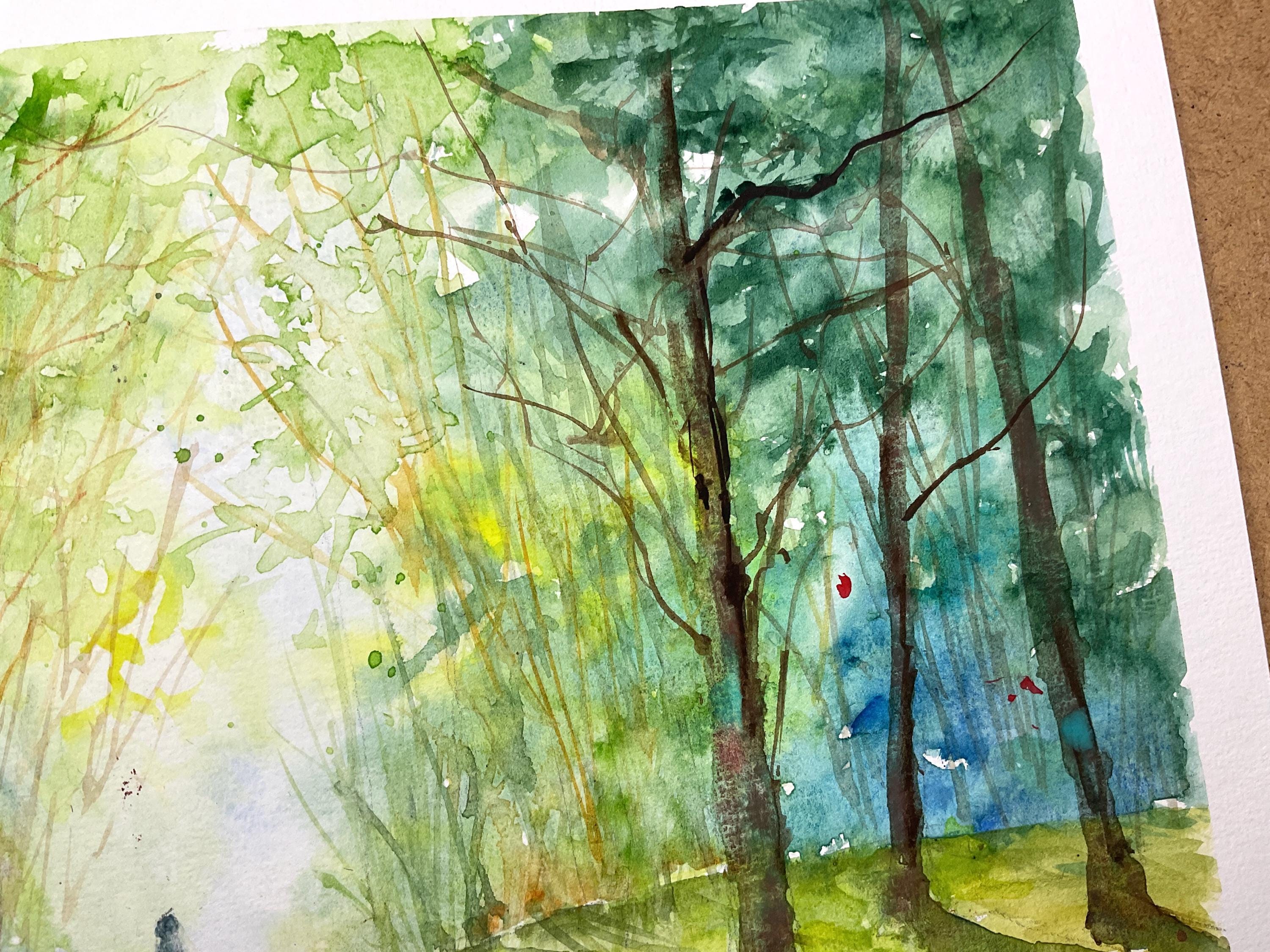 オリジナルの水彩画の森の風景 - 春の森の小道 - 犬との瞑想的な散歩