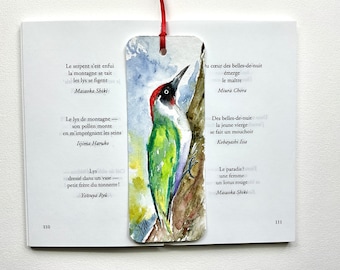Woodpecker original watercolor painting on bookmark, garden bird painting, hand painted bookmark, reader gift, woodpecker picture art