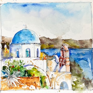 Dipinto di Santorini Grecia, acquerello originale della chiesa con cupola blu, villaggio di Oia nelle Cicladi greche nel Mar Egeo, souvenir