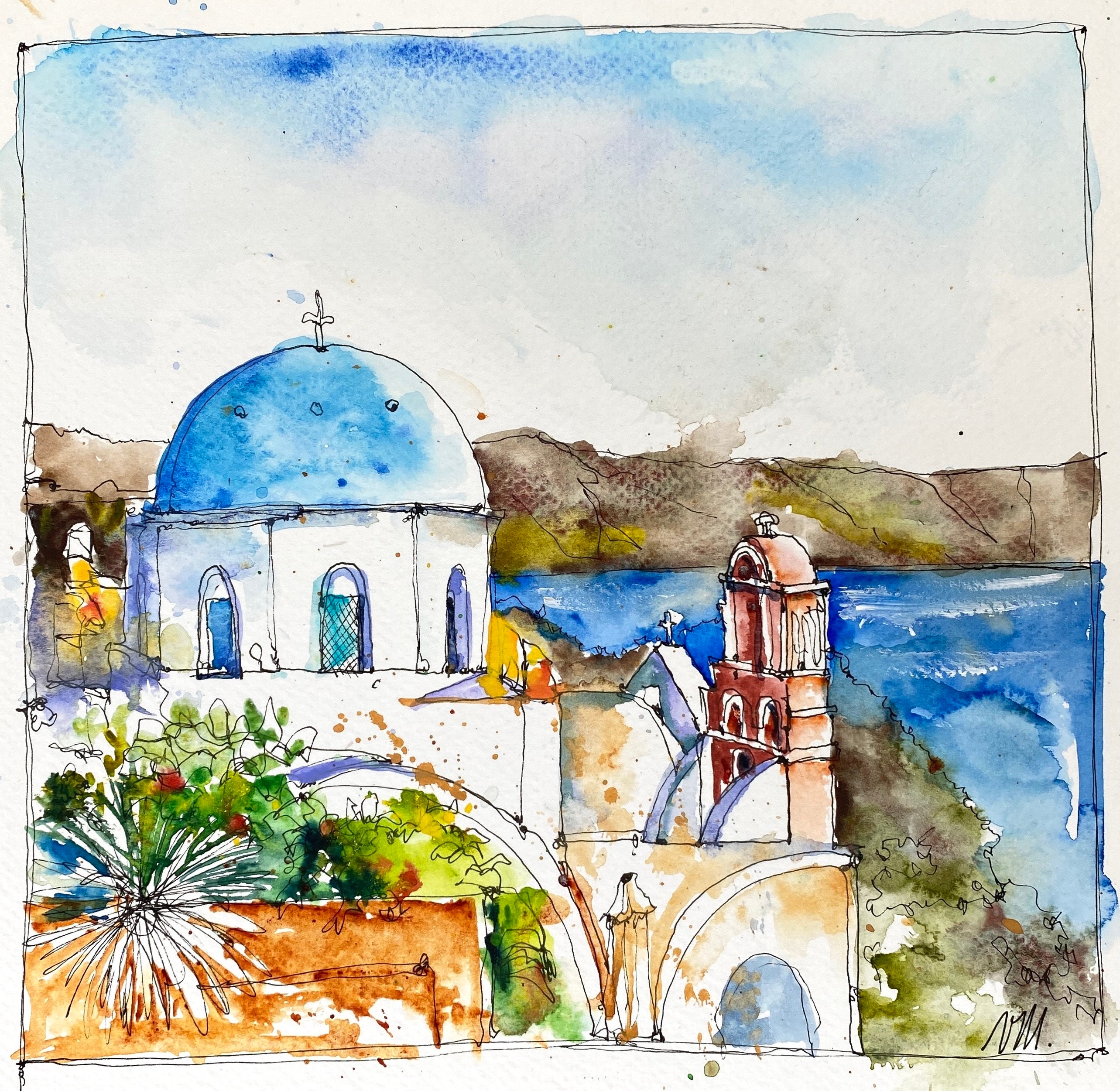 ギリシャのサントリーニ島の絵画、青いドームの教会のオリジナルの