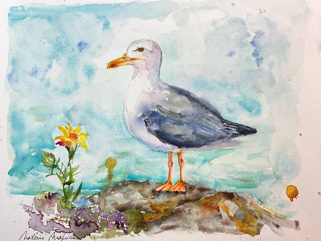 オリジナルの水彩画のカモメ、カモメの絵画、海洋をテーマにした