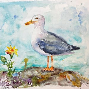 Seagull original watercolor, gull painting, marine themed art deco, sea bird, seagull painting, seagull by the sea, bird watching ocean art