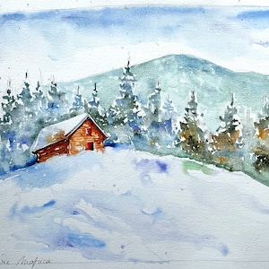 Paesaggio montano in inverno, acquerello originale di colline innevate, paesaggio innevato, incantevole chalet in legno tra gli abeti alpini