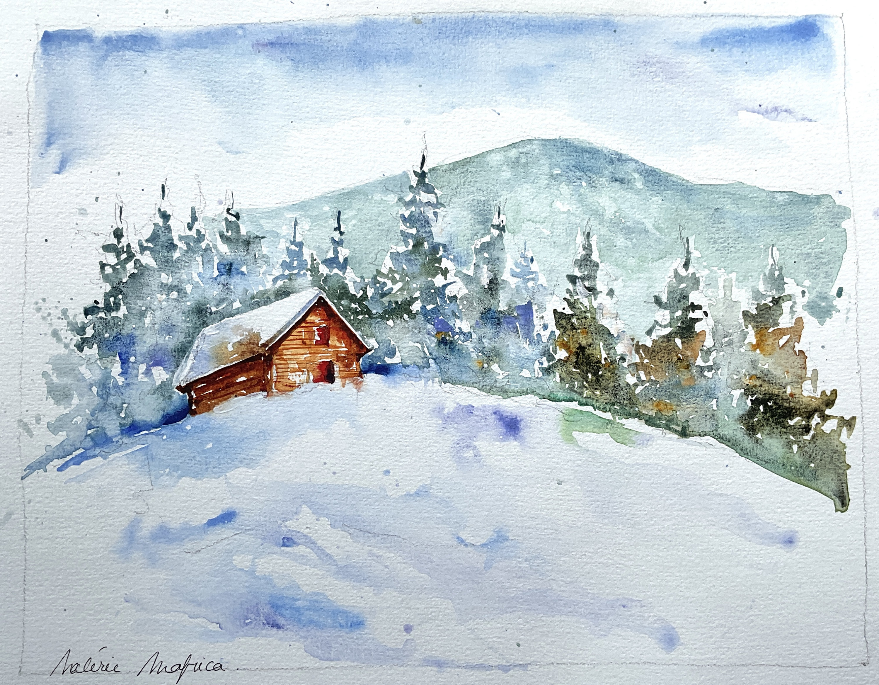 Mountain Landscape in Winter, Original Watercolor Painting