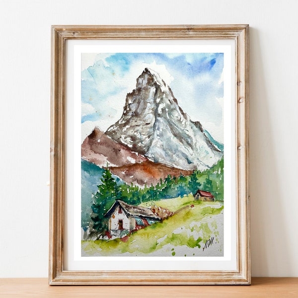 Watercolor painting of Mount Cervin in summer, Matterhorn landscape in Swiss Alps, famous rocky peak, chalet refuge in mountain pastures