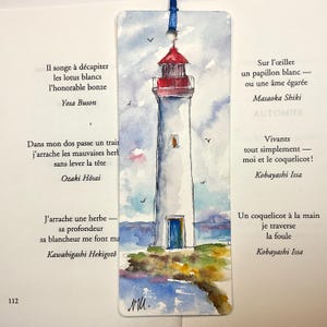 Aquarell maritimes Leuchtturm-Lesezeichen, Originalgemälde von maritimem Leuchtturm und Haus auf Lesezeichen für Buch, Licht und Hoffnung Geschenkidee