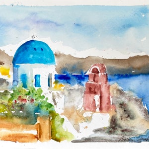 Santorini Acquerello Moderno - Cupola Blu Pulita e Minimalista - Dipinto Originale delle Isole Cicladi e del Mar Egeo, Regalo Artistico