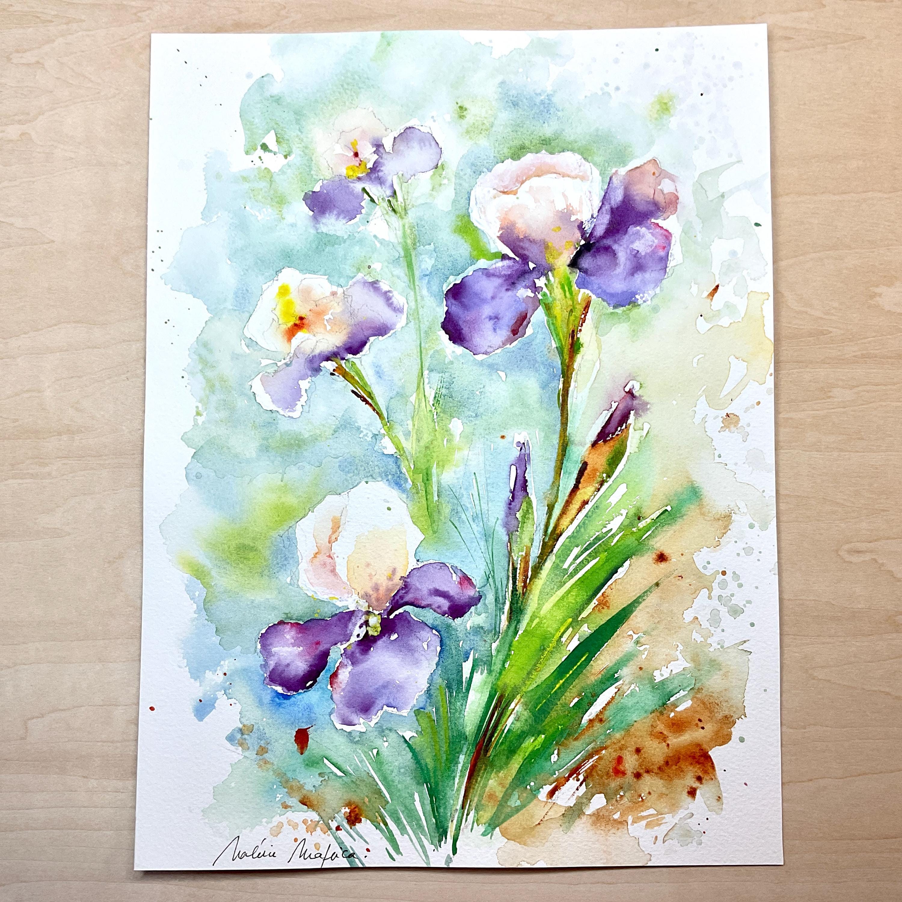 オリジナルの水彩画に描かれたアイリス、色とりどりの庭のアイリス